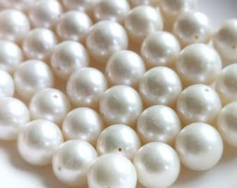 Large Hole White Freshwater Pearl: 10-12mm Round Drilled Loose Pearl
