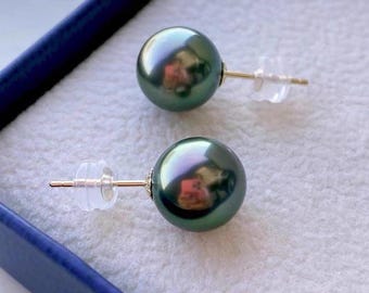 3A 8–14mm round Tahitian black pearl earrings, natural peacock green sea pearls in 18k gold, high luster studs for women, fine jewelry