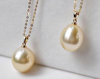 18k gold 5a 11-14mm rose gold south sea pearl pendant necklace, drop shape high luster natural sea pearl, luxury jewelry, pearl wholesale
