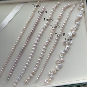 May include: An assortment of six strands of pearls, each with a different size and shape. The pearls range in color from white to light pink. The strands are labeled Type A through F.