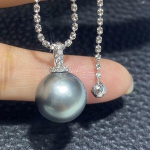 3A 10–15mm platinum grey tahitian pearl pendant, round natural pearl in 18k white gold zircon bail, strong luster, silver chain included image 8