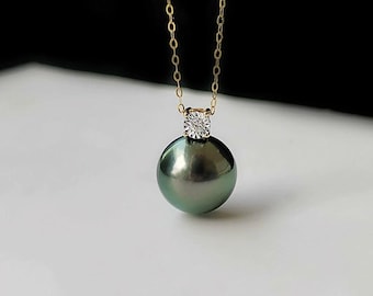 9-13mm Tahitian black pearl pendant peacock green, natural sea pearl with imported 18k gold bail for necklace diy or fine jewelry