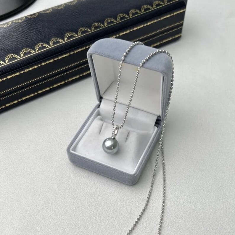 3A 10–15mm platinum grey tahitian pearl pendant, round natural pearl in 18k white gold zircon bail, strong luster, silver chain included image 5