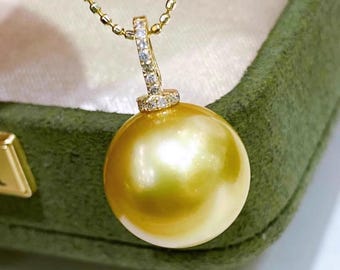 3A 10-14mm South sea gold pearl pendant round strong luster, deep golden natural sea pearl with 18k gold bail, necklace not included