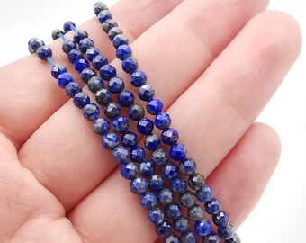 4mm Lapis lazuli beads, Faceted round blue lapis beads, lazuli gemstone, loose semi precious stone bead strand, AA+ Grade