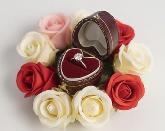 Red Vintage Heart Ring Box Handmade Engagement Wedding Keepsake Box with Gold Trim Curved Lid Premium Latch Bridal Photo Prop