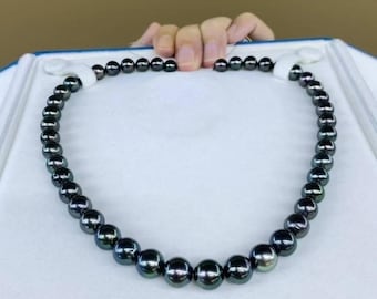 3A 8-11mm Tahitian pearl necklace, natural black peacock green saltwater pearls with aurora strong luster, near round strand jewelry