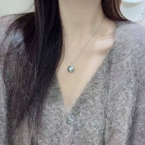3A 10–15mm platinum grey tahitian pearl pendant, round natural pearl in 18k white gold zircon bail, strong luster, silver chain included image 6