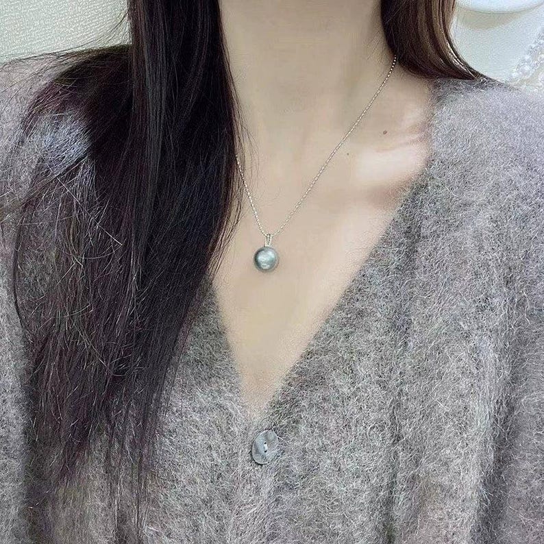 3A 10–15mm platinum grey tahitian pearl pendant, round natural pearl in 18k white gold zircon bail, strong luster, silver chain included image 6