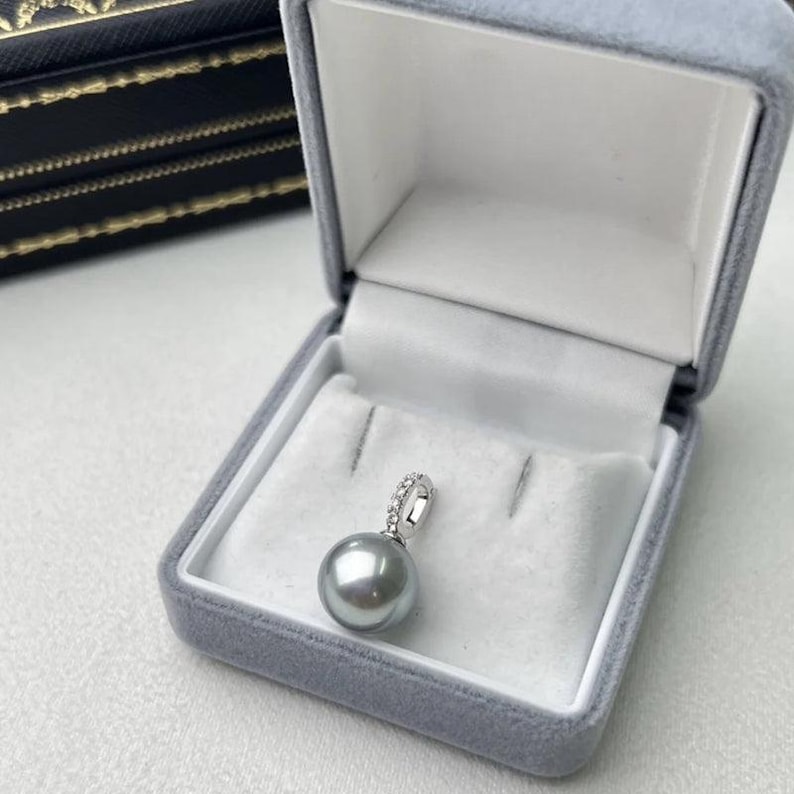 3A 10–15mm platinum grey tahitian pearl pendant, round natural pearl in 18k white gold zircon bail, strong luster, silver chain included image 9
