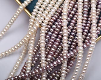 3A 5-6mm high luster button pearl strand, flat pearl, white and purple