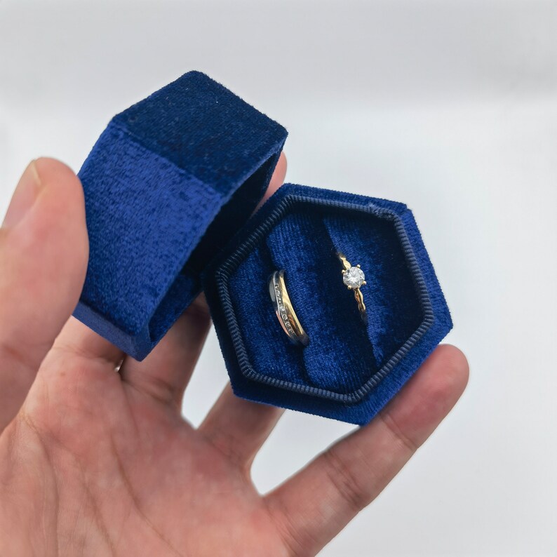 Blue Velvet Ring Box, Wedding Ring Box, Ring Bearer Box, Engagement Ring Box, Proposal Ring Box, Double Slot Ring Box image 5