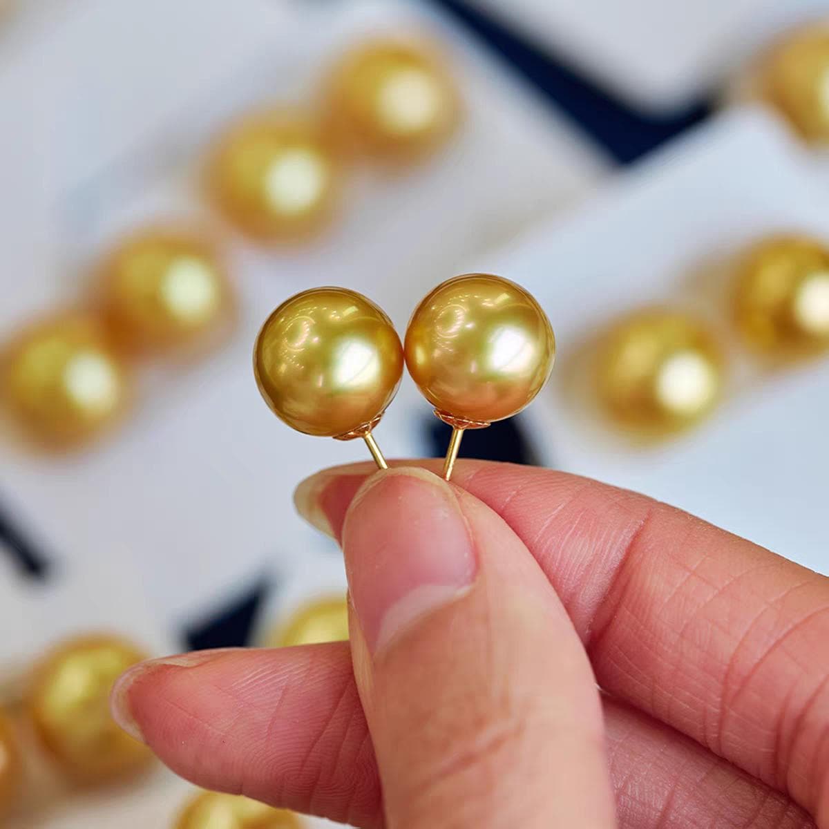 5A 8-15mm 18k gold Tea gold south sea pearl stud earrings, natural color round filipino golden pearls with 18k posts