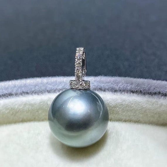 3A 10–15mm platinum grey tahitian pearl pendant, round natural pearl in 18k white gold zircon bail, strong luster, silver chain included