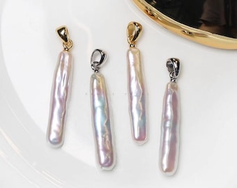 5A natural baroque freshwater pearl pendant toothpick shape aurora luster with s925 silver bail for diy necklace jewelry making