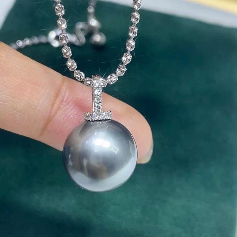 3A 10–15mm platinum grey tahitian pearl pendant, round natural pearl in 18k white gold zircon bail, strong luster, silver chain included image 2