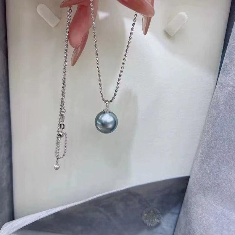 3A 10–15mm platinum grey tahitian pearl pendant, round natural pearl in 18k white gold zircon bail, strong luster, silver chain included image 7