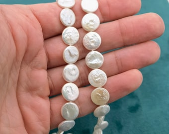 1 strand white pearl coin beads, 10-11mm coin pearls, 30-34 pcs, wholesale pearls, freshwater pearls, diy jewelry making, natural pearls