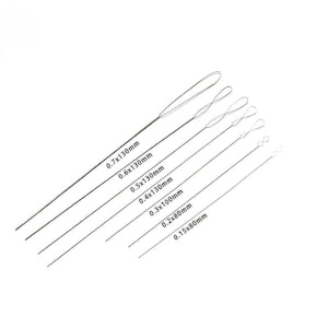 May include: Set of six silver-colored beading needles with loops at the ends. The needles are labeled with their diameter and length in millimeters: 0.7x130mm, 0.6x130mm, 0.5x130mm, 0.4x130mm, 0.3x100mm, 0.2x80mm, and 0.15x80mm.