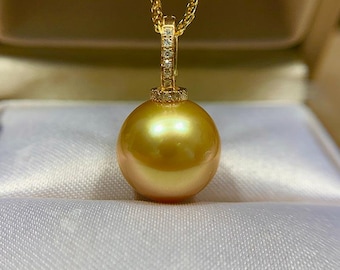 5A 11–14mm deep golden south sea pearl pendant, round flawless pearl in 18k gold diamond bail, luxury high luster sea pearl jewelry