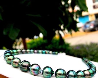 3A 8-11mm Tahitian baroque pearl strand 40cm, natural black saltwater pearls with peacock overtones, good luster for jewelry making