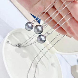 3A 10–15mm platinum grey tahitian pearl pendant, round natural pearl in 18k white gold zircon bail, strong luster, silver chain included image 4