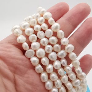 2A 7-8mm Round Nugget Pearl Strand, Center-Drilled White Irregular Natural Freshwater Pearls for Wholesale and DIY Jewelry Making