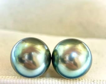 4A 11-12mm Matched Pair Peacock Green Tahitian Pearl Natural Round Undrilled Bead for Custom Jewelry Making, Pearl Wholesale