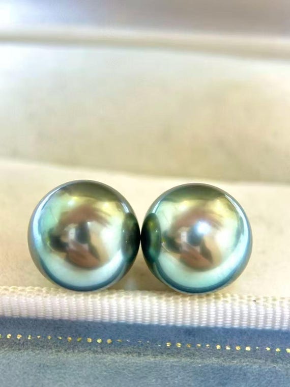 4A 11-12mm Matched Pair Peacock Green Tahitian Pearl Natural Round Undrilled Bead for Custom Jewelry Making, Pearl Wholesale