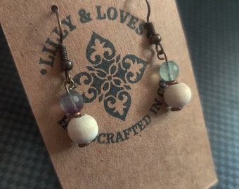 Calista style earrings, Rainbow Fluorite stones, Wood Diffuser