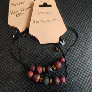 Sicily bracelet, adjustable, natural stone, lava stone red tiger eye