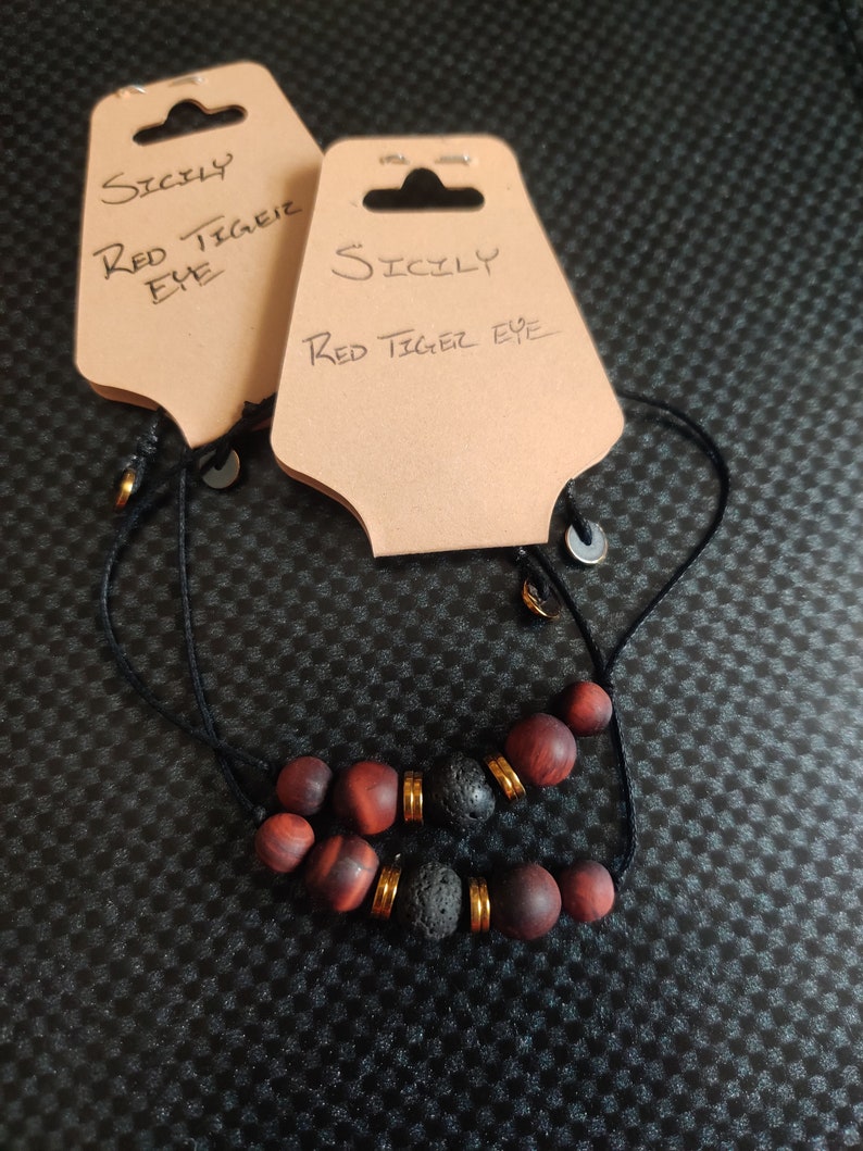 Sicily bracelet, adjustable, natural stone, lava stone red tiger eye