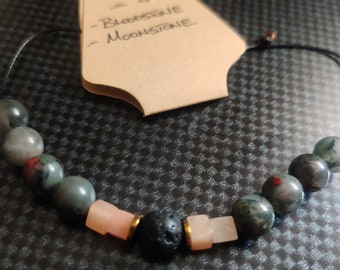 Bloodstone and Moonstone Adjustable, lava stone bracelet