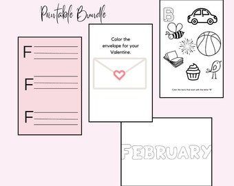 February printable bundle for kids, homeschool, activity sheets, coloring pages, letter practice, and scissor skills ages 3, 4, 5, 6