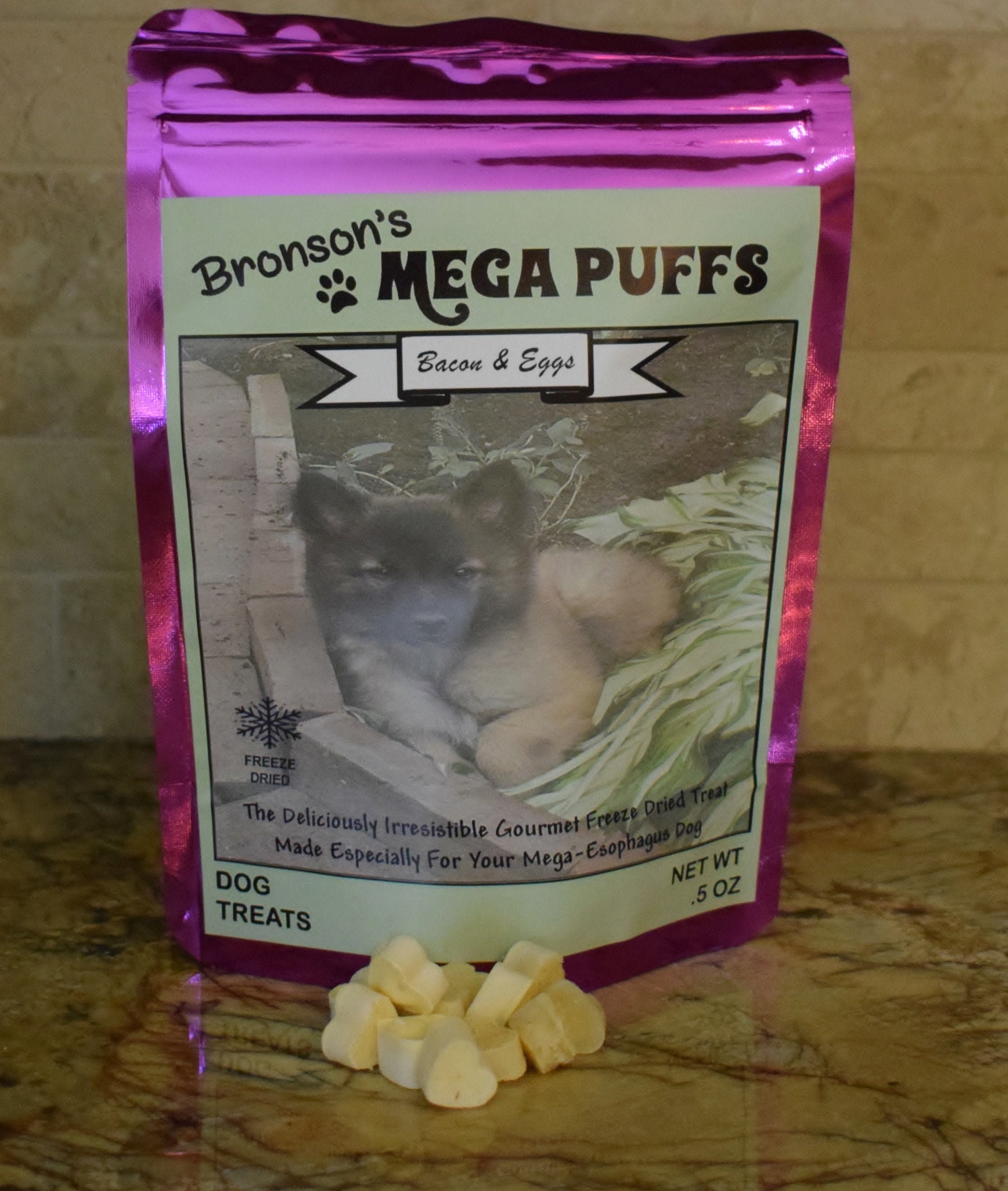 Bronson's Mega Puffs, MegaEsophagus dog treats, Bacon and Eggs flavor