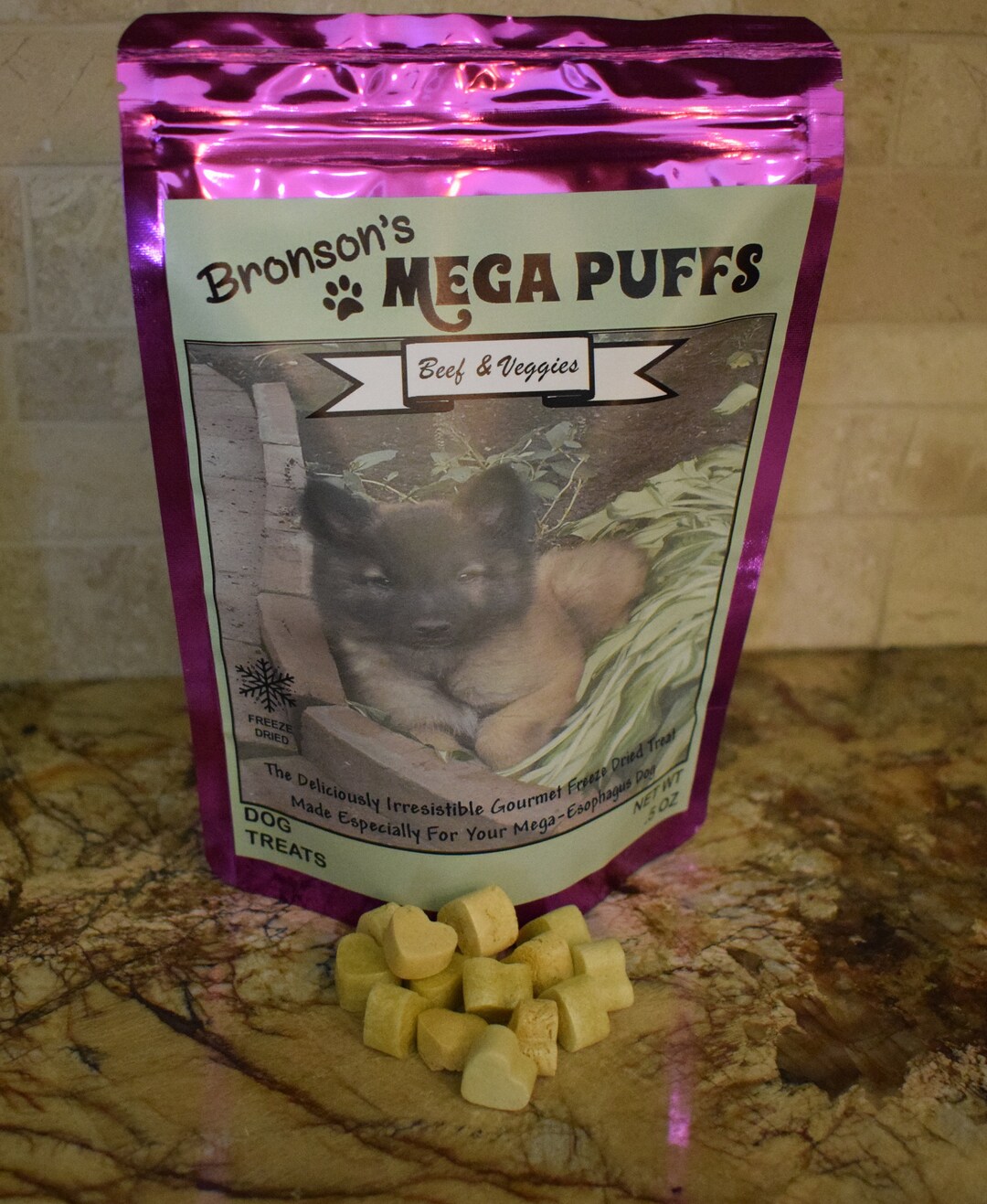 Bronson's Mega Puffs, Megaesophagus Dog Treats, Beef and Veggies Flavor