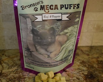 Bronson's Mega Puffs, MegaEsophagus dog treats, Beef and Veggies flavor