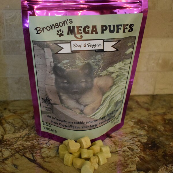 Bronson's Mega Puffs, MegaEsophagus dog treats, Beef and Veggies flavor