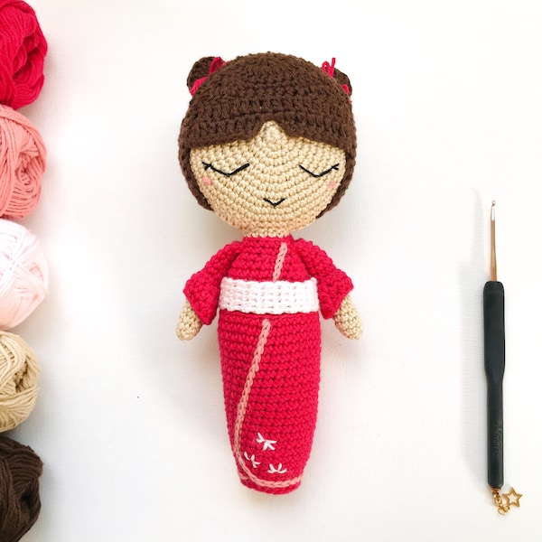 Miku the Japanese Doll - CROCHET PATTERN - from the World of Dolls Collection - by oche pots - amigurumi - doll - kimono - peg doll