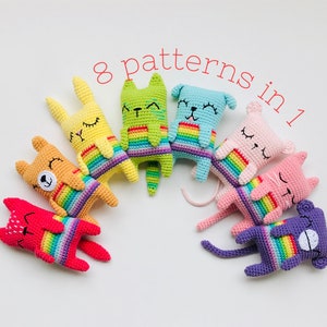 May include: Eight crochet amigurumi patterns featuring different animals, each with a rainbow stripe across their belly. The animals include a bunny, cat, dog, mouse, cat, bear, monkey, and another cat.