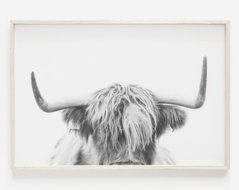 Modern Farmhouse Cow Print, Highland Cow Wall Art, Black and White Buffalo, Scottish Highland Cow Photography Animal Poster, Printable Cow