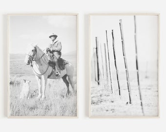Cowboy Print Set, Western Decor, Southwestern Wall Art, Farmhouse Poster Set, Set of 2 Prints, Cowboy Art Print, Fence Posts, Western Poster