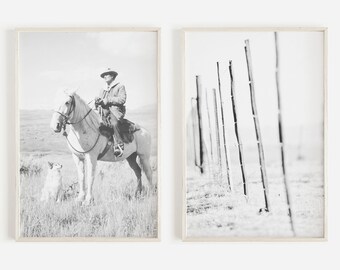 May include: A black and white photograph of a cowboy riding a horse with a dog standing in the grass. The second image is a black and white photograph of a fence in a field.
