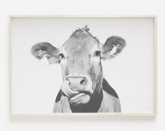 Cow Wall Art, Funny Cow Print, Rustic Home Decor, Cattle Photography, Animal Black White Printable Poster, Farm House Wall Decor, Cow Art