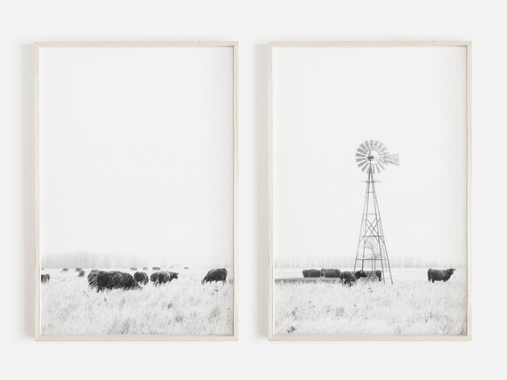 Modern Farmhouse Print Set, Windmill Wall Decor, Black And White, Modern Farmhouse Decor, Farmhouse Printable,Set of 2 Wall Art,Windmill Art