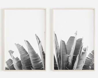 Black And White Banana Leaf Print Set,Set of 2 Prints,Botanical Plant,Tropical Leaf Print,Large Printable,Instant Download,Tropical Wall Art