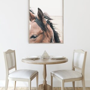 May include: A framed photograph of a brown horse's head with a white star on its forehead. The horse's mane is blowing in the wind. The photo is hanging on a white wall above a wooden table with two chairs.