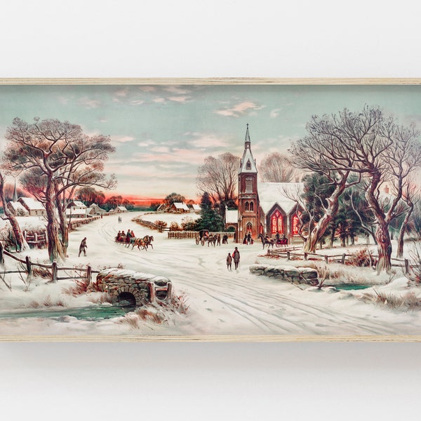 Samsung Frame TV Art | Winter Village Art | Vintage kunst voor frame-tv | Landschapsschilderij | Kerstantiek | Vintage winterscene