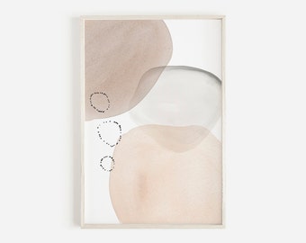 May include: Abstract art print with three overlapping watercolor shapes in shades of brown and gray. The shapes are outlined in black dots. The print is framed in a white frame.