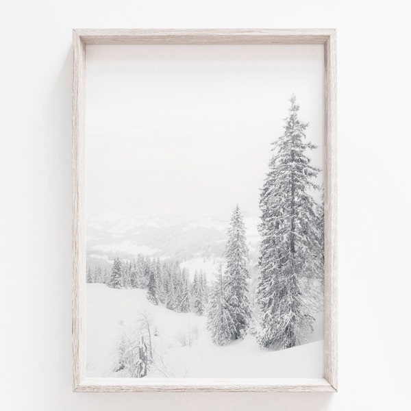 Snowy Forest Print, Snow Covered Trees Wall Art, Winter Wall Art, Rustic Farmhouse, Modern Holiday, Downloadable Print, Printable Wall Art